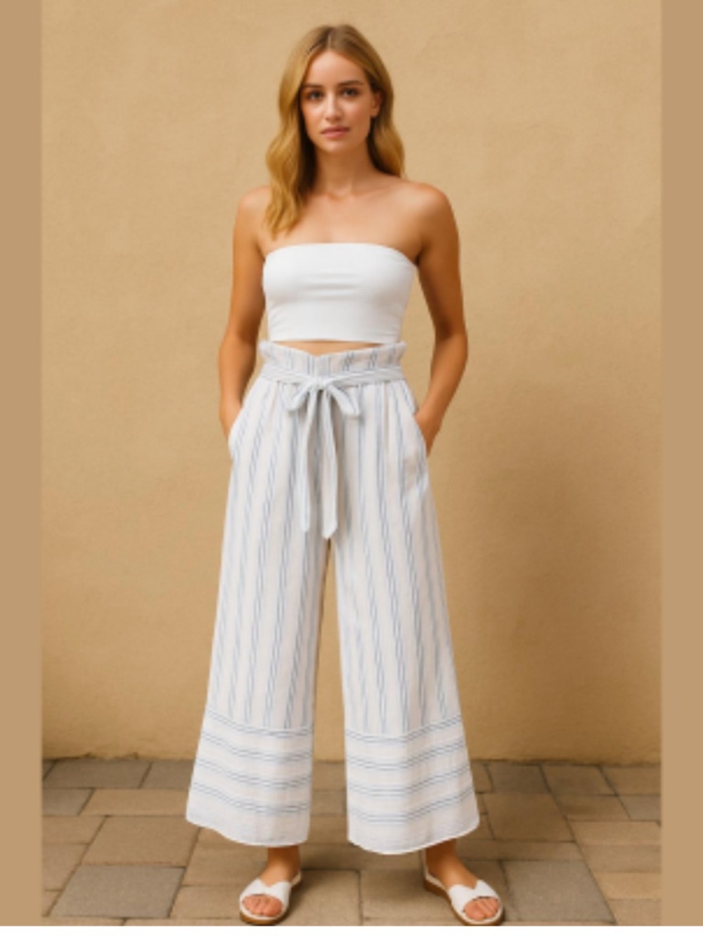 Striped Paperbag Wide Leg Pants with Tie Waist - White/Blue
